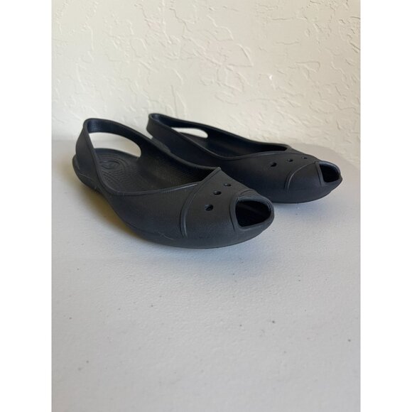 CROCS Farrah Size 6 Black Rubber Slingback Peep Toe Flats - Picture 2 of 6